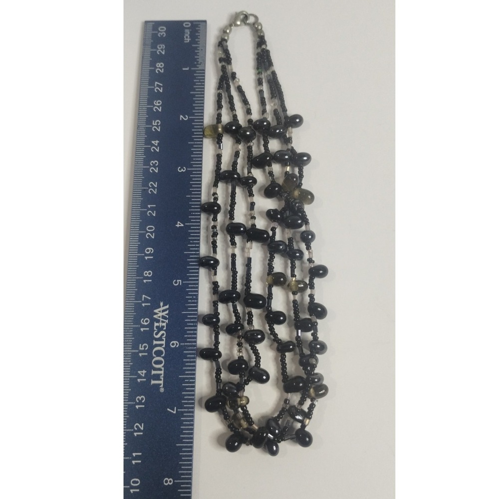 Vintage Multi Strand Black Glass Bead Necklace Triple Layer‎ Iridescent 22 Inch